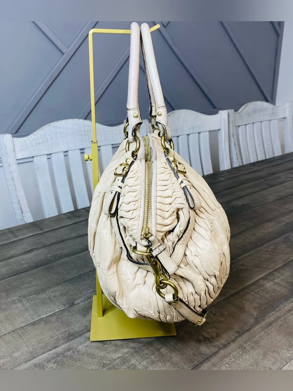 Coach Madison Gathered Leather Satchel Bag Off-White Cream Gold Hardware